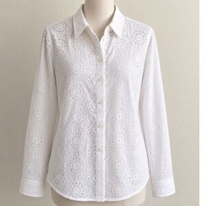 On-34th Womens White Eyelet Cotton Button Down Shirt Long Sleeve Size L